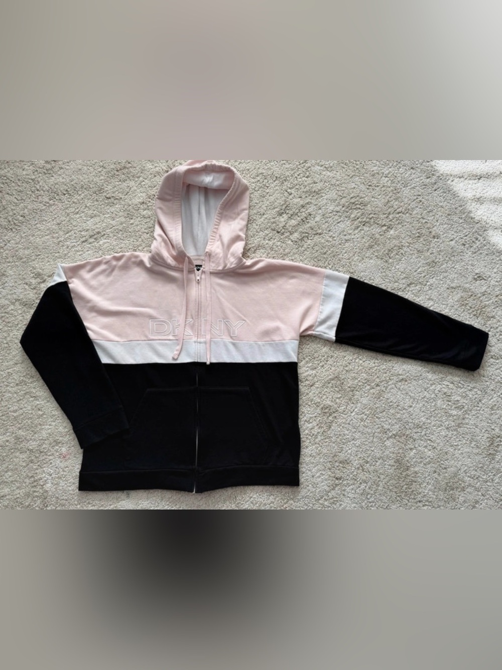 DKNY Pink White Black Colorblock Zip Hoodie with Embossed Logo